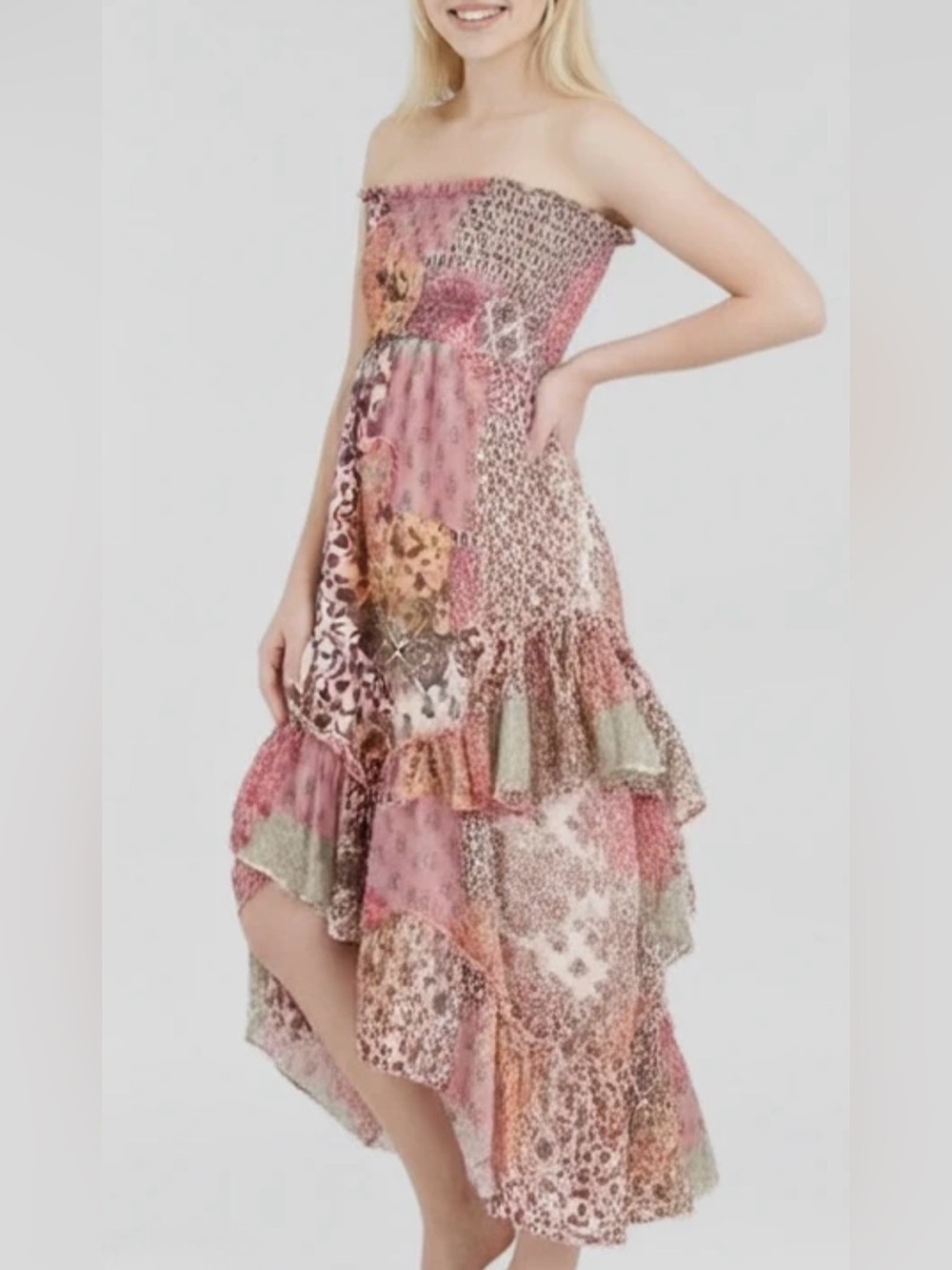 Life Boho Patchwork Ruffle Convertible Dress/Skirt Blush Multi L